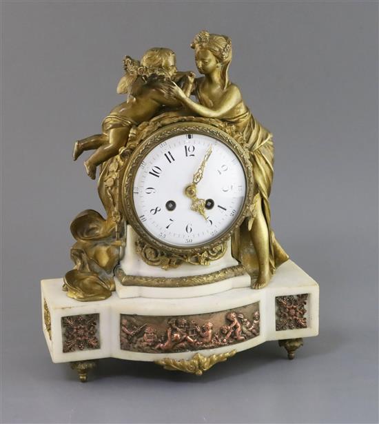 A 19th century French ormolu, white marble and copper eight day mantel clock, height 13in.